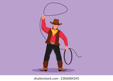 Character flat drawing of western cowboy standing and throwing lasso with wild west elements. Man with cowboy hat rotate the lasso over his head at wild west desert. Cartoon design vector illustration