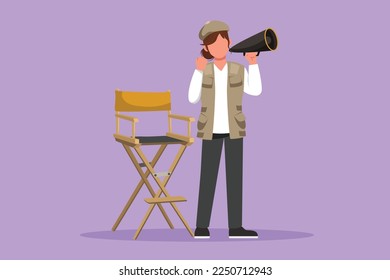 Character flat drawing woman film director stands and holding megaphone with celebrate gesture while prepare camera crew for shooting action film. Creative industry. Cartoon design vector illustration