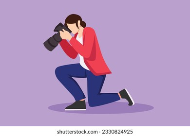 Character flat drawing woman photographer kneeling and taking pictures. Photo equipment for journalist. Camera digital with high resolution. Studio photography logo. Cartoon design vector illustration