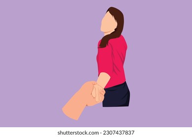 Character flat drawing woman walking on romantic honeymoon promenade holiday holding hand of husband following her, view from behind. Couple summer vacation travel. Cartoon design vector illustration
