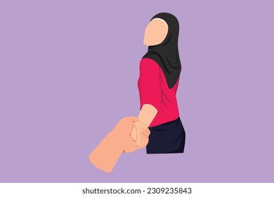 Character flat drawing woman walking on romantic honeymoon promenade holiday holding hand of husband following her, view from behind. Couple summer vacation travel. Cartoon design vector illustration