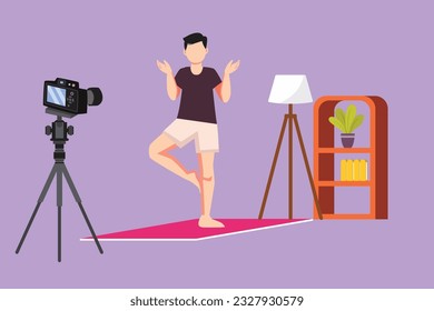 Character flat drawing young active man doing exercise or workout on mat with camera. Shooting video for blog on video camera. Online training symbol. Sport at home. Cartoon design vector illustration