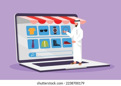 Character flat drawing young Arab man choosing shopping items on a giant laptop screen. Digital lifestyle with internet and gadget concept. Online store technology. Cartoon design vector illustration