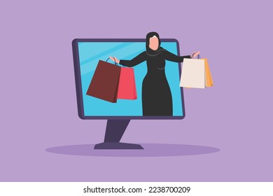 Character flat drawing young Arab woman coming out of monitor computer screen with holding shopping bags. Sale, digital lifestyle, consumerism. Online store concept. Cartoon design vector illustration