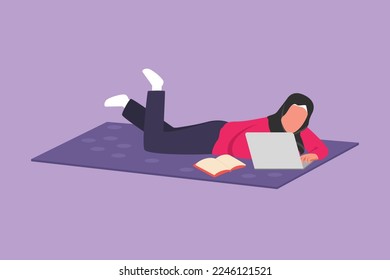 Character flat drawing young Arab female character lying on floor and typing on laptop keyboard. Working from home with woman using computer. Girl studying at home. Cartoon design vector illustration