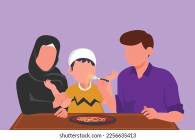 Character flat drawing young Arab family having lunch together in restaurant. Parent feed they son with love. Happy little family eating noodle or Italian spaghetti. Cartoon design vector illustration