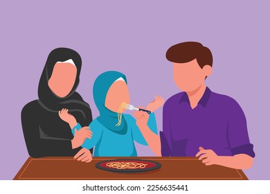 Character flat drawing young Arab family having lunch together in restaurant. Parents feeds they daughter with love. Happy little family eating noodle or spaghetti. Cartoon design vector illustration