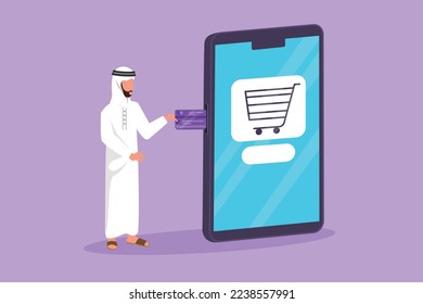 Character flat drawing young Arabian man inserting credit card into large smartphone screen with shopping cart inside. Digital payment and online store technology. Cartoon design vector illustration