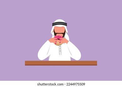 Character flat drawing of young Arabian man hold and eat sweet donut for breakfast. Happy male having yummy dessert and sitting at table. Delicious tasty fast food. Cartoon design vector illustration