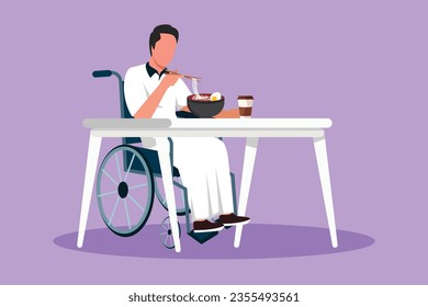 Character flat drawing of young Arabian male wheelchair user eating ramen or noodles food sitting at table. Having lunch, snack in cafe. Society and disabled people. Cartoon design vector illustration