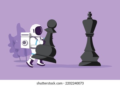 Character flat drawing young astronaut holding pawn chess piece to beat king chess in moon surface. Strategic movement game planning. Cosmonaut deep space concept. Cartoon design vector illustration