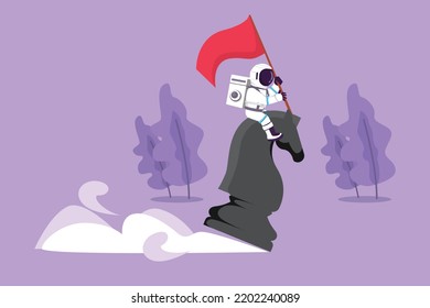 Character flat drawing of young astronaut riding big chess horse knight and holding flag in moon surface. Competitive move game player. Cosmonaut deep space concept. Cartoon design vector illustration