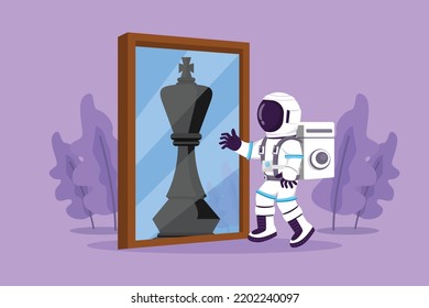 Character flat drawing young astronaut standing in front of mirror reflecting chess king in moon surface. Metaphor of confidence. Cosmonaut deep space concept. Cartoon style design vector illustration