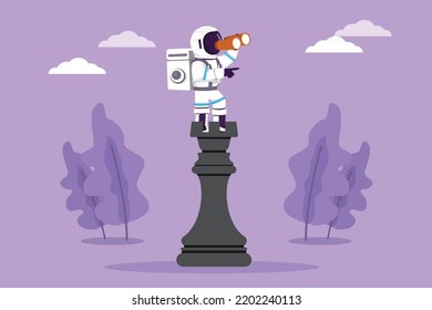 Dibujo plano de carácter joven astronauta sobre una pieza de ajedrez de gran tamaño utilizando telescopio buscando oportunidades en la superficie de la luna. El concepto de espacio profundo cosmonauta. Ilustración vectorial de diseño de dibujos animados