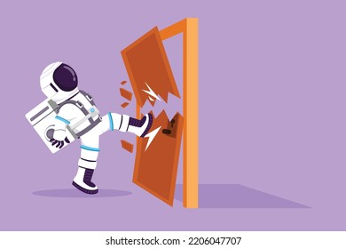 Character flat drawing young astronaut kicks the door until door shattered in moon surface. Spaceman kicking locked door and destroy. Cosmonaut outer space concept. Cartoon design vector illustration