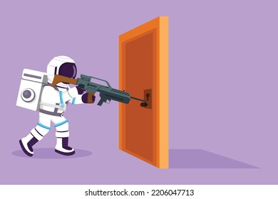 Character Flat Drawing Of Young Astronaut Pointing Shotgun At Doorknob In Moon Surface. The Power To Succeed Or Winning Competition. Cosmonaut Outer Space Concept. Cartoon Design Vector Illustration