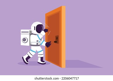 Character flat drawing young astronaut knocking at door in moon surface. Spaceman standing at entrance of meeting room knocking door. Cosmonaut outer space concept. Cartoon design vector illustration