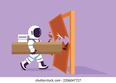 Character flat drawing young astronaut holding large log and destroying door in moon surface. Destroying obstacles with power and brute force. Cosmonaut outer space. Cartoon design vector illustration