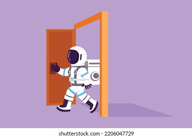 Character flat drawing young astronaut walking through an open door frame in moon surface. Entering new market challenge competition. Cosmonaut outer space concept. Cartoon design vector illustration