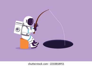 Character flat drawing of young astronaut sitting and holding fishing rod from hole in moon surface. Scientific spaceship investment metaphor. Cosmonaut outer space. Cartoon design vector illustration