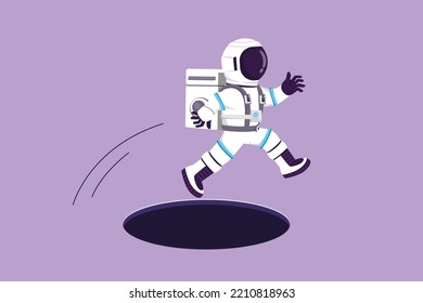 Charakterflach zeichnen junge Astronauten, die durch Loch in der Mondoberfläche springen. Metapher für die Bewältigung eines großen Problems. Die Erforschung kämpft um die Galaxie. Weltraum der Kosmonauten. Cartoon-Design, Vektorgrafik