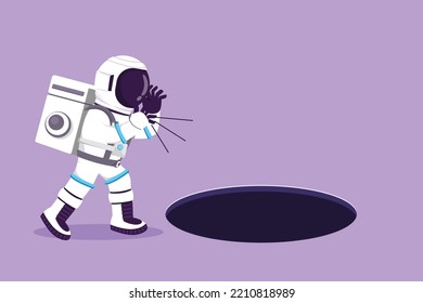 Character flat drawing young astronaut scream into pit hole in moon surface. Spaceman searching opportunity, exploration, challenge at galaxy. Cosmonaut outer space. Cartoon design vector illustration