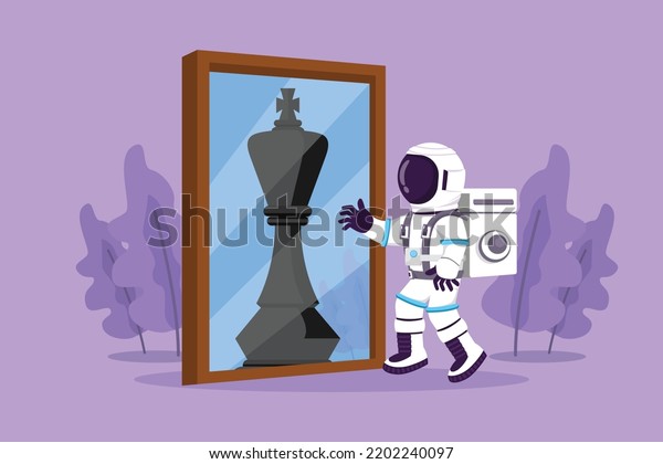 Character flat drawing young astronaut\
standing in front of mirror reflecting chess king in moon surface.\
Metaphor of confidence. Cosmonaut deep space concept. Cartoon style\
design vector\
illustration
