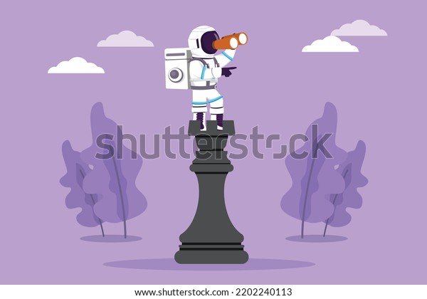 Character flat drawing young astronaut\
standing on top big rook chess piece using telescope looking for\
opportunities in moon surface. Cosmonaut deep space concept.\
Cartoon design vector\
illustration