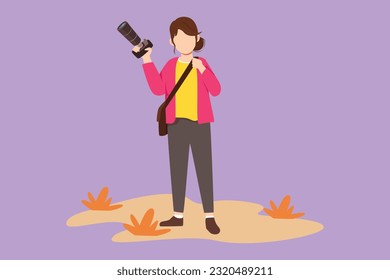 Dibujo plano de personajes joven y profesional fotógrafa con alegría de cámara hace fotografía tomando fotos al aire libre, de vacaciones, senderismo, el logo del concepto de vacaciones. Ilustración vectorial de diseño de dibujos animados