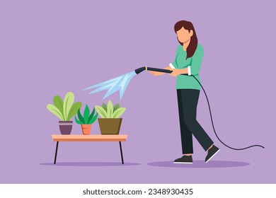 Carácter plano dibujando joven hermosa mujer regando macetas con manguera. Jardinería, invernadero, jardín botánico, cultivo de flores, concepto de vivero de plantas verdes. Ilustración vectorial de diseño de dibujos animados