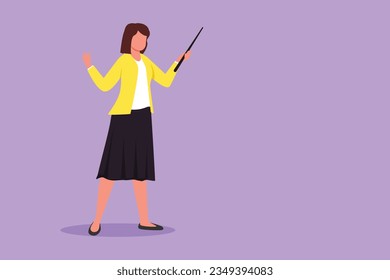 Personaje plano dibujando a una joven y hermosa profesora de negocios con un brillo puesto y apuntando con un puntero de madera. Concepto educativo, cursos, capacitación. Ilustración vectorial de diseño de dibujos animados