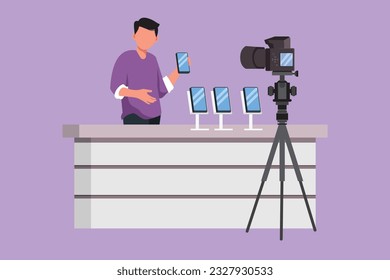 Character flat drawing of young blogger review and test new smartphone on dslr camera. Live broadcast on channel. Active man holding mobile phone for review product. Cartoon design vector illustration