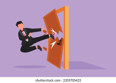 Character flat drawing of young businessman kicks the door with flying kick until door shattered. Man kicking locked door. Business metaphor of overcoming obstacles. Cartoon design vector illustration