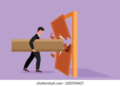 Character flat drawing of young businessman holding large log and destroying door. Overcome business challenges, and destroying obstacles with power and brute force. Cartoon design vector illustration