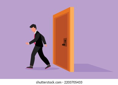 Character flat drawing young businessman walking and leaving closed door. New business ventures. Entrepreneur entering new market. Career growth or vision metaphor. Cartoon design vector illustration