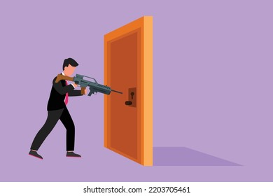 Character Flat Drawing Young Businessman Pointing Shotgun At Doorknob. Business Breakthrough Struggle. The Power To Succeed Or Winning Competition. Open Closed Door. Cartoon Design Vector Illustration