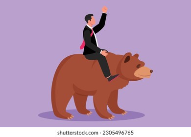 Character flat drawing of young businessman rides on bear in stock market trading. stock market analysis, business and investment, stock exchange. Business metaphor. Cartoon design vector illustration