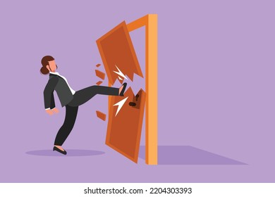 Character flat drawing of young businesswoman kicks the door until door shattered. Manager kicking locked door and destroy. Business concept of overcoming obstacles. Cartoon design vector illustration