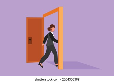 Character flat drawing of young businesswoman enters the room through the door. Female manager walking to opened door. Starting new day at office. Business metaphor. Cartoon design vector illustration