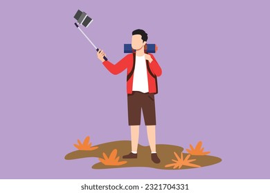 Character flat drawing of young climber man with selfie stick and backpack hiking in mountain. Extreme sport travel nature logo, alpinist standing and making selfie. Cartoon design vector illustration