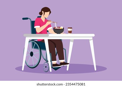 Charaktere flach zeichnen junge weibliche Patientin im Rollstuhl essen Männer oder Nudelessen und sitzen am Tisch. Mittagessen, Snack im Café. Gesellschaft und Behinderte. Cartoon-Design, Vektorgrafik