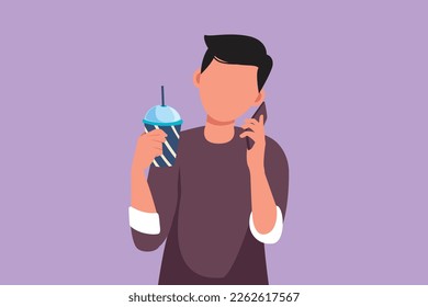 Dibujo plano de carácter de un joven apuesto hombre tomando jugo de naranja mientras hace una llamada telefónica con un smartphone y desayuna en casa. Rutina matutina antes del trabajo. Ilustración vectorial de diseño de dibujos animados
