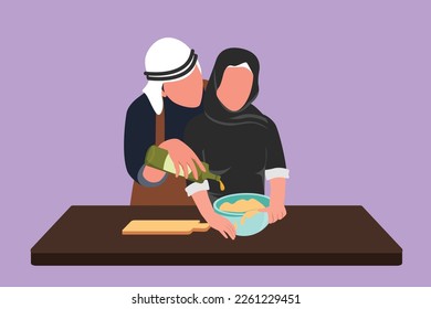 Character flat drawing young husband helping his beauty wife make dough by adding olive oil. Pastry preparation in cozy kitchen at home. Happy Arab couple cooking. Cartoon design vector illustration