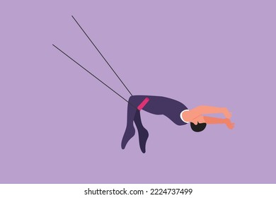 Character flat drawing young male acrobat performs on trapeze with legs hanging and head down while swinging hands. Brave and agile. Circus show event entertainment. Cartoon design vector illustration