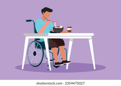 Character flat drawing young male patient in wheelchair eating ramen or noodle food and sitting at table. Having lunch, snack in cafe. Society and disabled people. Cartoon design vector illustration