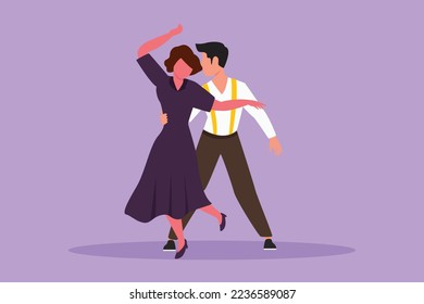 Character flat drawing of young man and woman professional dancer dancing tango, waltz dances on dancing contest dancefloor. Happy couple performance at night party. Cartoon design vector illustration