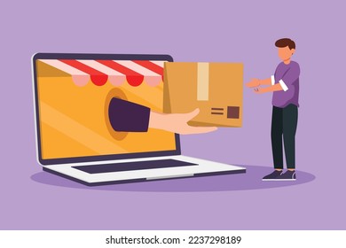 El joven dibujante plano de carácter recibe una caja de gran mano que sale de la pantalla grande de un portátil con dosel y la entrega. Entrega digital y tienda en línea. Ilustración vectorial de diseño de dibujos animados