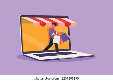 Character flat drawing young man coming out of laptop screen holding shopping bag. Sale, trading, digital lifestyle and consumerism concept. Online store technology. Cartoon design vector illustration