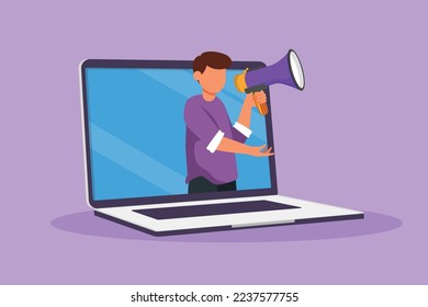 Character flat drawing young man coming out of laptop computer screen holding megaphone. Offering product with discount or sale. Digital marketing and online store. Cartoon design vector illustration