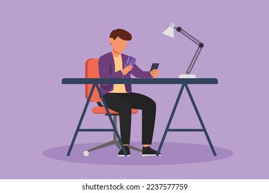 Charaktere flach zeichnen jungen Mann sitzend am Schreibtisch und Eingabe von Kreditkartencode auf Smartphone. Online-Shop, E-Shop, E-Commerce, digitales Payment-Tech-Konzept. Cartoon-Design, Vektorgrafik